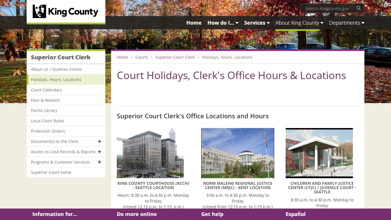 Court Holidays, Clerk's Office Hours & Locations - King County